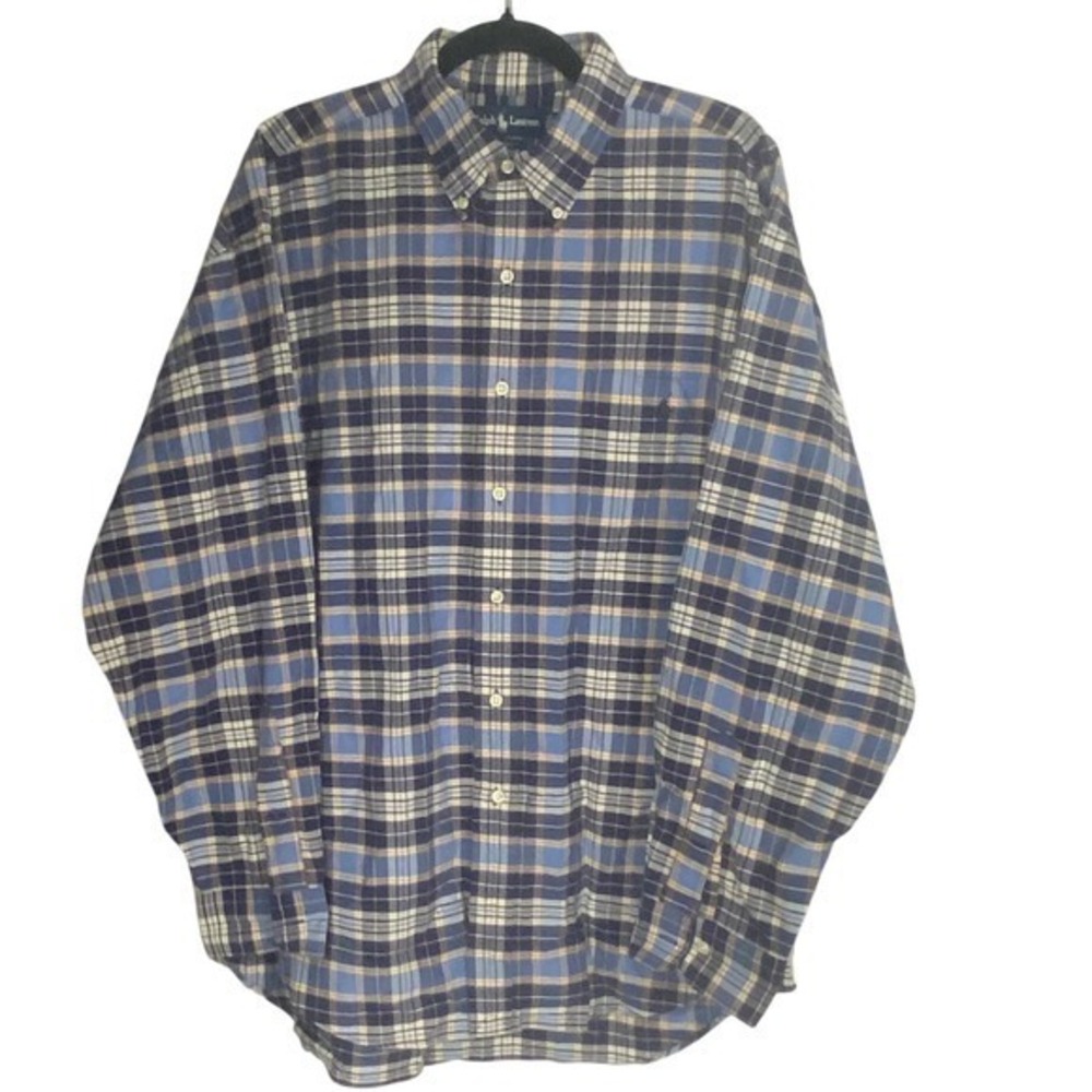 Ralph Lauren Big Shirt Mens Large Blue Plaid Cotton Long Sleeve Button Down Logo